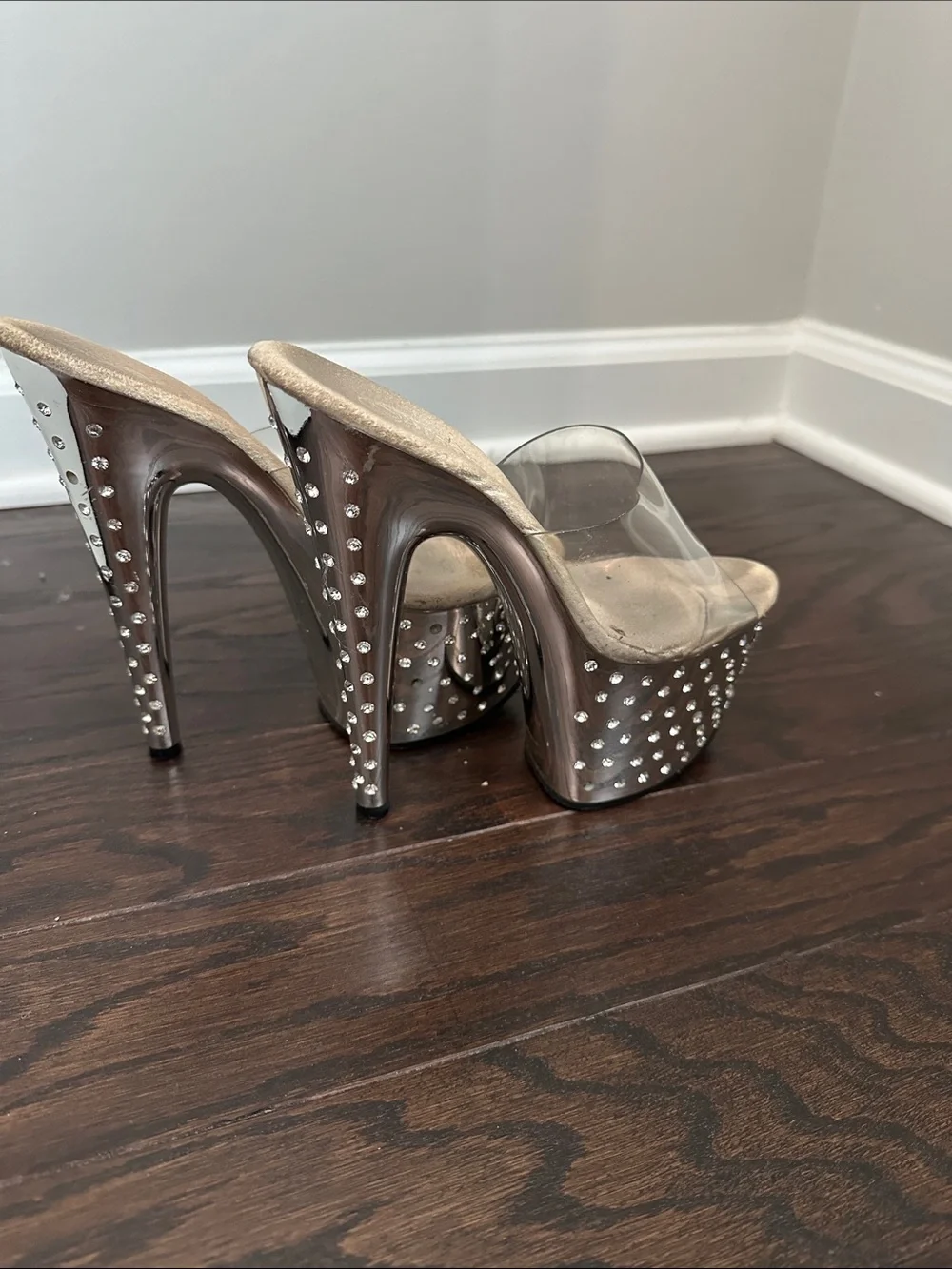 Crystal-Embellished Clear Platform Heels in Silver